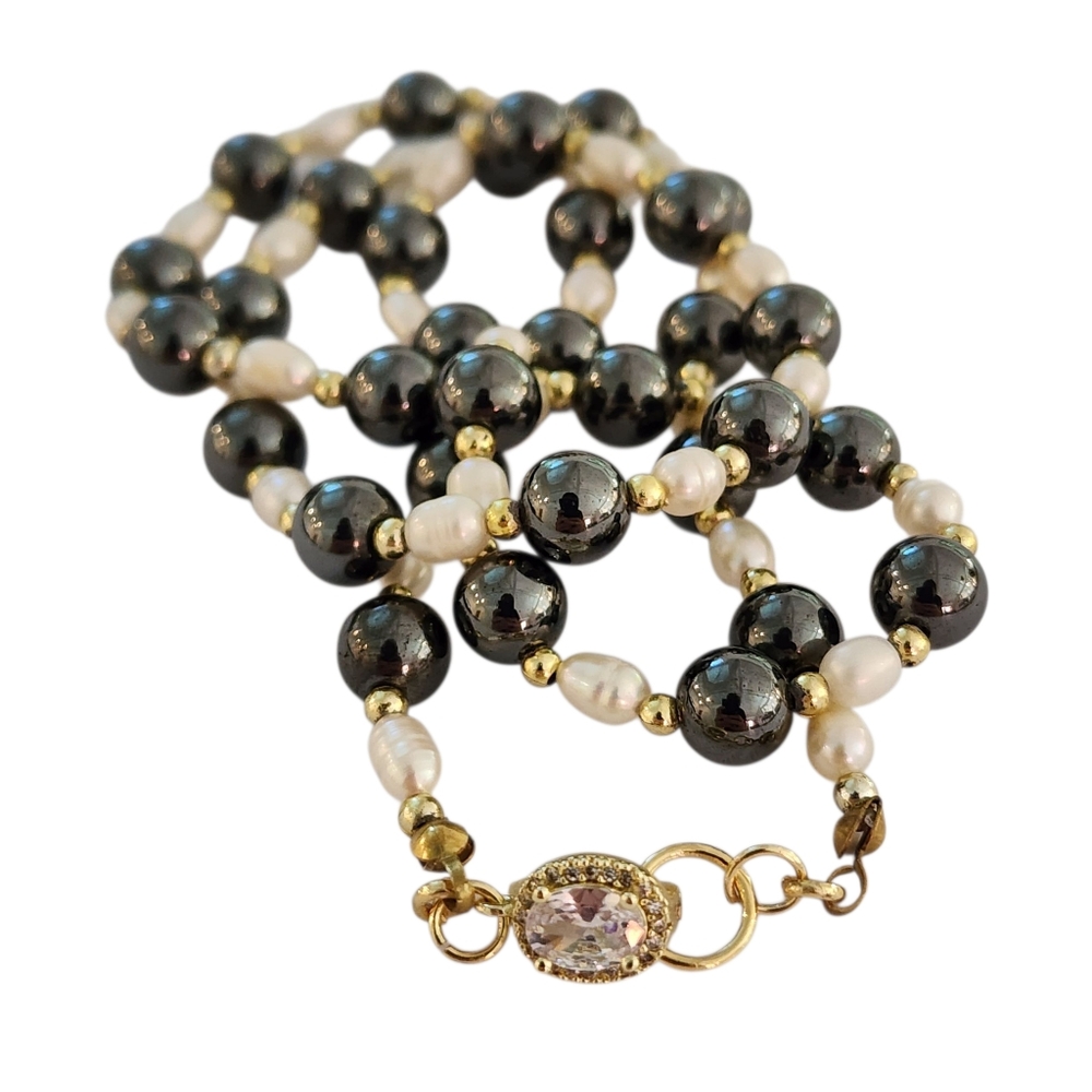 Hematite beads and rice pearl necklace with 10k GP brilliant CZ clasp A0054 -Q5